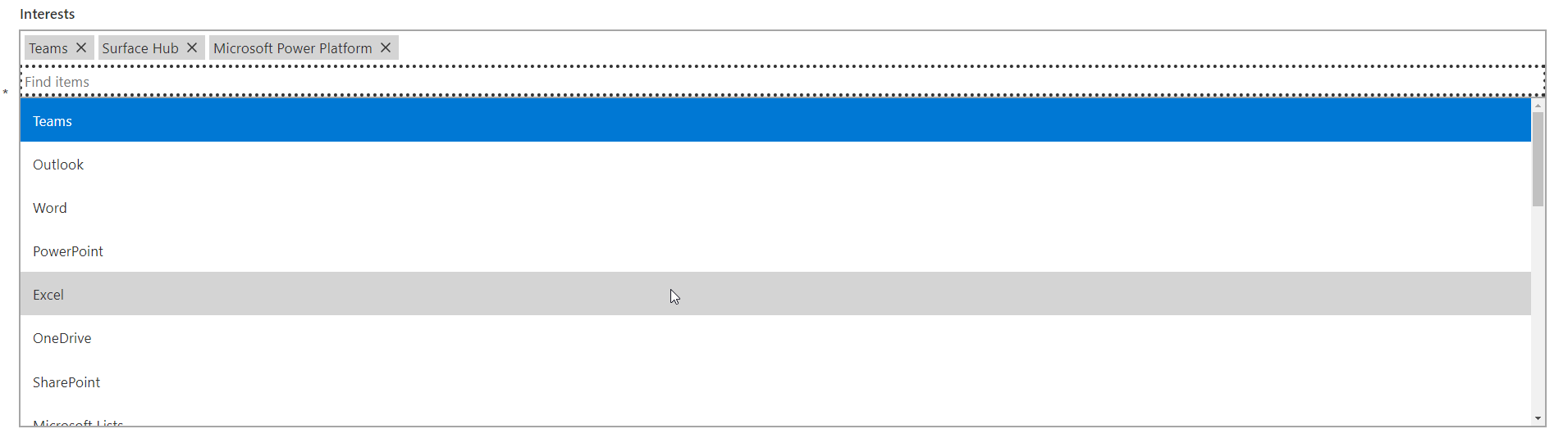 App Screenshot of tags dropdown